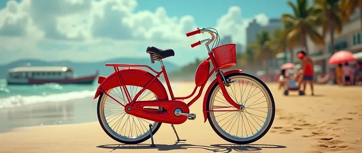  Copacabana Beach Boardwalk; a beautiful red bike from the 90s. Background to Copacabana Beach .  sunny day.