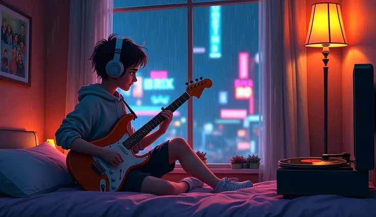 "A cozy night-time bedroom with a soft, nostalgic rock aesthetic. A young musician with messy hair and headphones is sitting by the window, lightly nodding to the rhythm while playing an electric guitar. The warm glow of neon lights and a vintage record pl...