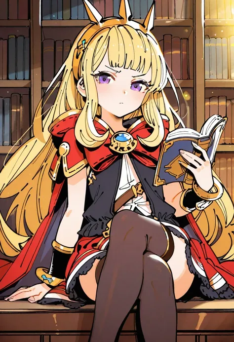 by wada arco, by gsusart, by kafun, sketch, traditional media, Cagliostro (granblue fantasy), granblue fantasy, young girl, blonde hair, blunt bangs, purple eyes, hairband, white shirt, sleeveless shirt, black vest, red cape, red skirt, bracer, bracelet, t...