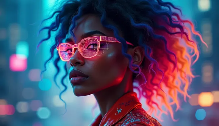 Holographic Art | Portrait of a beautiful black-girl with  colorful hair and a smok acid-color jacket and armani panther-glasses visons with reflex form the city formed by bright mathematical formulas | Radiant, calculations in handwritten style | futurist...