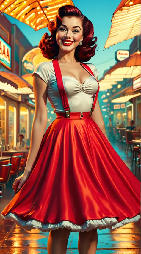 Create a vibrant and detailed pin-up art piece featuring a glamorous pin-up girl in the style of 1960s American pin-up. The scene is set during an evening sunset, with warm, colorful hues illuminating the background. The girl is smiling softly, wearing sty...