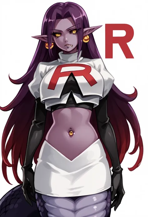 score_9, score_8_up, score_7_up, source_anime BREAK  1girl, solo, white background, simple background, looking at viewer, team rocket,team rocket uniform,white skirt,red letter R,crop top,black thigh-highs,black elbow gloves, large breasts, navel, jewelry,...