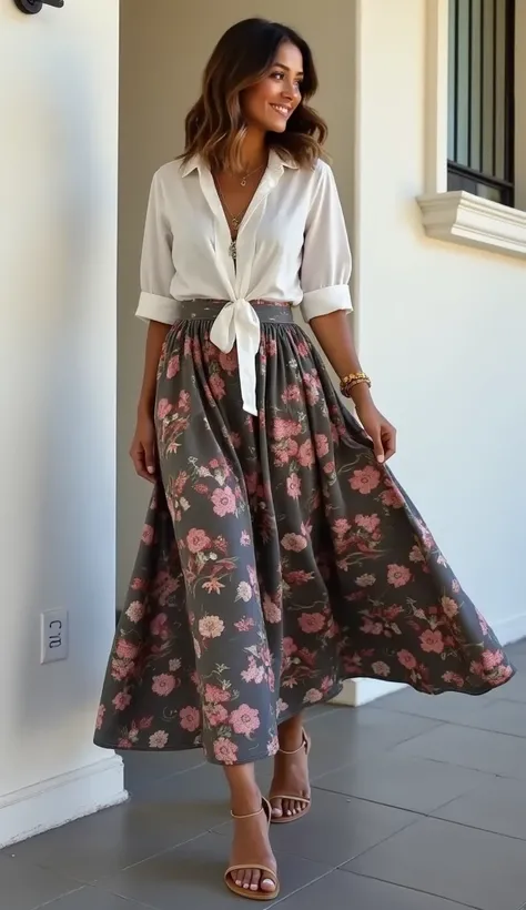 Create an image of a digital influencer for an Instagram post where she wants to show off her look of the day. Your look should be a long skirt with a floral print and a white blouse., low sandal , Open and also accessories such as bracelets and necklaces....