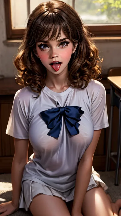 Emma Watson as Hermione Granger, Realistic, Brunette, Curly Hair, Big Boobs, Rolling Eyes, Tongue Out, Lewd, Horny, White Shirt, Tight Shirt, Short Skirt, Transparent Shirt, School Girl, 18+, Slightly Nude