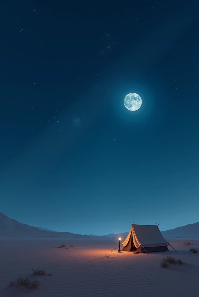 A picture containing a moon and the stars shining in the sky, with a tent on the side and the shadow of the moon in a desert