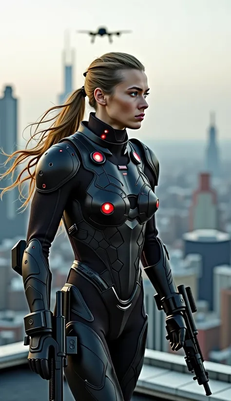 Beautiful Sony α7R IV, 1/320s, f/2.8, ISO 400, .Cinematic hyperrealism: Cinematic hyperrealism: "Combat specialist in sleek black second-skin armor, long blonde braid whipping, launching from rooftop helipad. Suit featuring subtle hexagonal texture, integr...