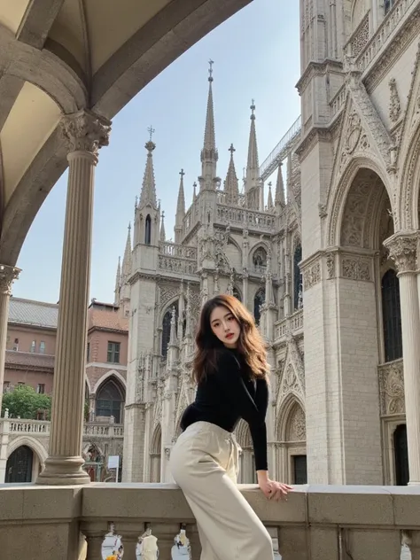 /imagine prompt: A woman leaning casually on a stone balcony of the Milan Cathedral (Duomo di Milano), surrounded by Gothic architecture with intricate spires and ornate carvings. The grand arches and detailed stonework create a majestic, historic backdrop...