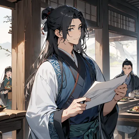  Looking at documents The background of the ancient Chinese Ming dynasty , Age between a 34-year-old young man and middle age, 1 male,  handsome ,  with vivid eyes ,  smiles slightly,  navy blue Han Fu ,  black hair, Long hair tied,  dark eyes,  background...