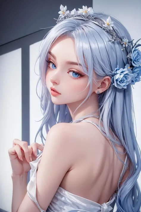   hyperrealistic floral crown of a mysterious woman with loose silver hair,  piercing blue eyes , and a delicate , backward, mirando backward,  upper body