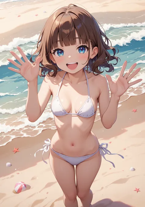 loli, petite, medium breasts, pale skin, brown hair, medium hair , wavy hair , blunt bangs , blue eyes, natural make up, laughing, blush, standing, looking at viewer, ((white bikini)) , ((simple bikini)) , waving hands, in beach , full body , all body view...