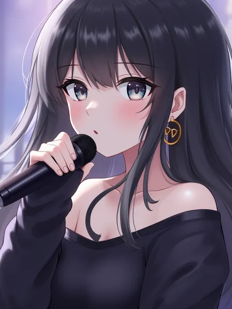 1girl, Solo, Long Hair, Looking at viewer, Black Hair, Closed Mouth, High Resolution, Messy Hair, Heart Earrings, Hoop Earrings, Crescent Earrings, Makeup, Glaring, Close-Up, Reflection Light, korean, she wears a black off one shoulder long sleeve, mic, st...