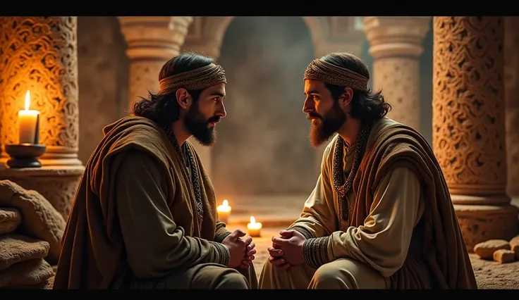 Two men in  an ancient home in the Bible talking 