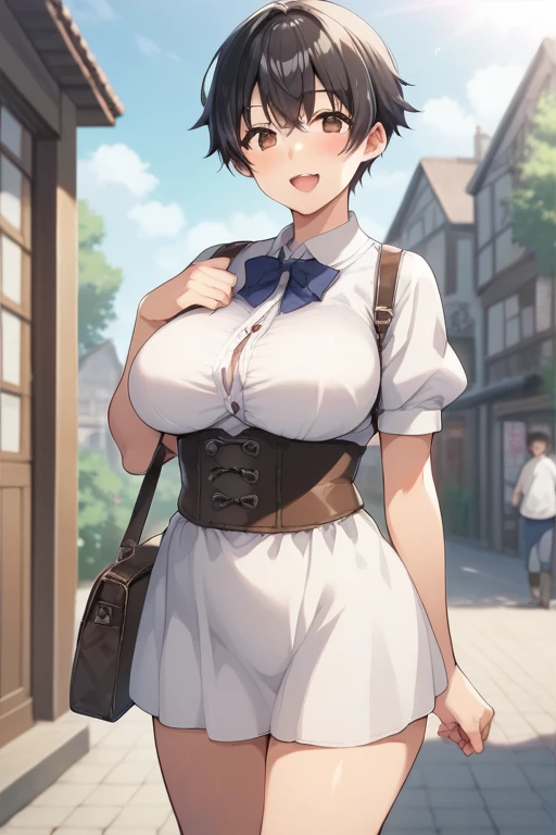  score_9,  score_8_ up,  score_7_ up,  source_Anime, 1 Female, nsfw，  uncensored ， adult woman, 長い垂れ下がったBig Breasts,Big Breasts,  big breasts,  curvy, vol uptuous,   black hair,  brown eyes, Very close,  tomboy, , smile,  is standing, medieval inn, 屋内で