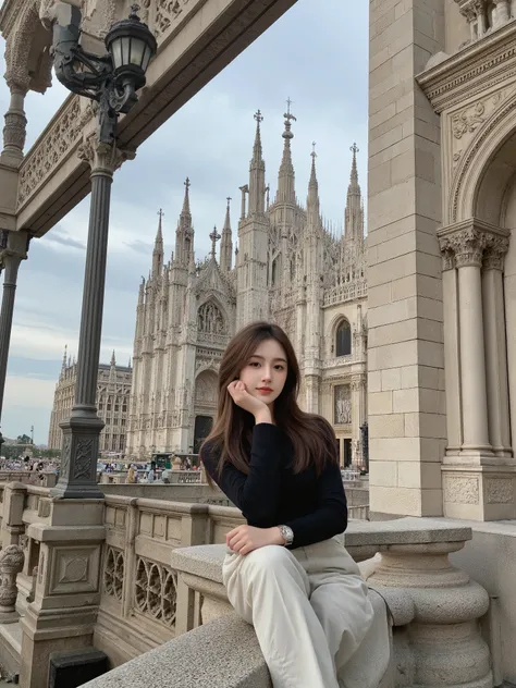 /imagine prompt: A woman leaning casually on a stone balcony of the Milan Cathedral (Duomo di Milano), surrounded by Gothic architecture with intricate spires and ornate carvings. The grand arches and detailed stonework create a majestic, historic backdrop...