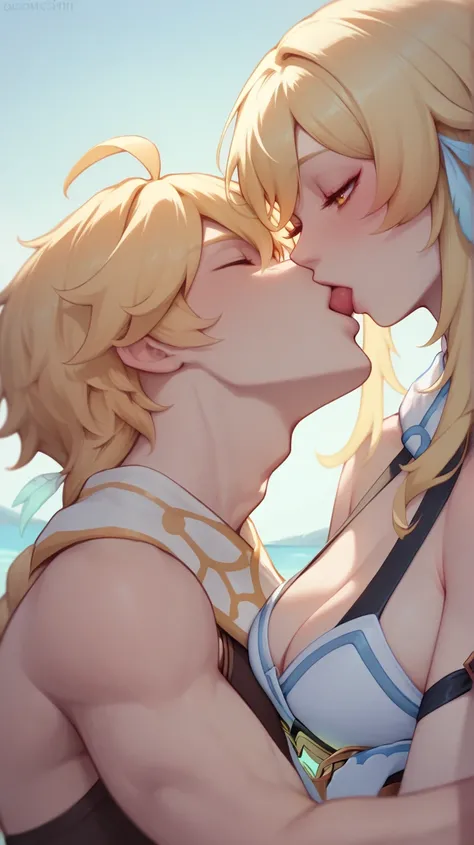 Lumine blonde hair golden eyes Vikini costume on the beach kissing each other on the lips with Aether Genshin Impact blonde hair 