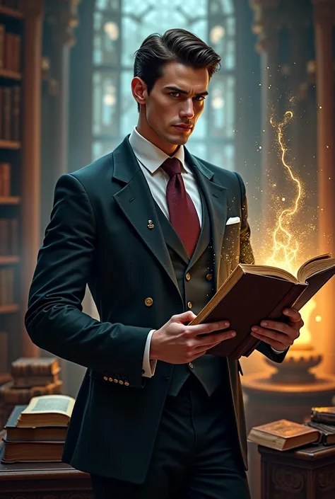 Handsome arcanist in a suit and tie using magic while holding an arcane book