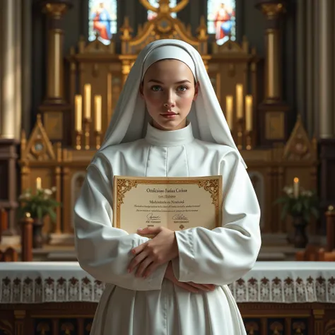 (photorealism:1.2), Beautiful 21 year old nun, standing on a church altar. She is tightly squeezing her large fancy ordination certificate against her body, crumpling the certificate