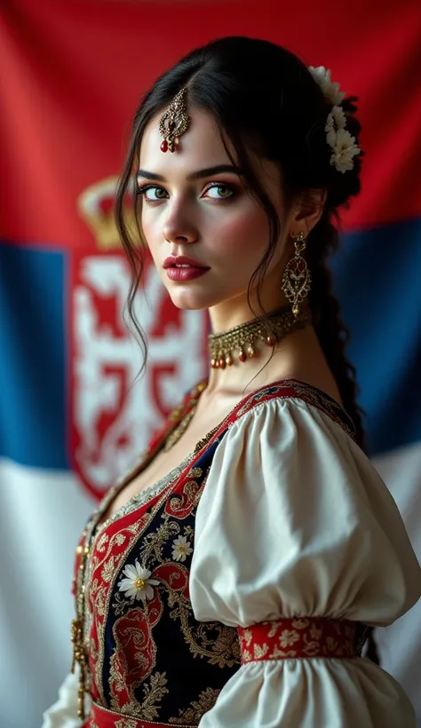  Very beautiful full-body utopian woman dressed in Serbian national costume on background flag of Serbia, red white and blue , high resolution, masterpiece, high resolution,best quality,  Super Detailed , high details, quality, High quality, 8K Futurism , ...