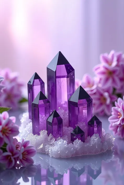 A collection of stunning amethyst crystals with sharp facets and deep purple hues, nestled among delicate lilac flowers. The scene is set in soft, diffused lighting with a dreamy, ethereal atmosphere, featuring sparkling ice-like textures and a pastel purp...