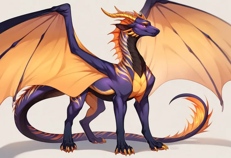 Furry dragon, feral, four-legged, golden mark on forehead, front half of body black with golden stripes, black muzzle, black long black ears, long straight golden horns, golden glowing eyes without pupils, two purple stripes under eyes, golden eyebrows, ba...