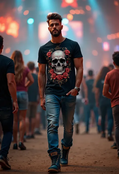 REAL MAN, handsome, sexy,  black t-shirt fitted to the body ,  with a skull in the center surrounded by roses ,   jeans old blue Timberland style shoes, hands in bags ,  walking in the middle of a concert , real photo, real photoista, clear,8K,  masterpiec...