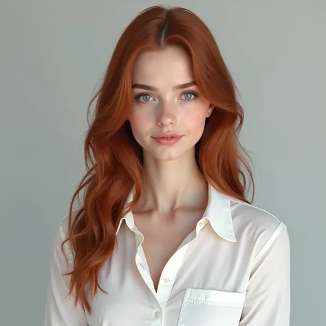 imagine a ultra-realistic photo of a 24-year-old Ukrainian girl with natural beauty, long dark red hair, big green eyes, full lips, a small nose, smooth light skin without freckles or moles, slim but not too thin figure, medium-sized breasts, wearing a sim...