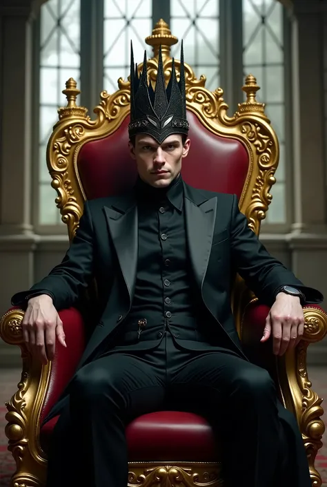 Witch man , real, handsome,  white skin,  dark hair,  with black suit, Black crown ,  sitting on a large imposing golden throne,  Behind it , Castle windows .