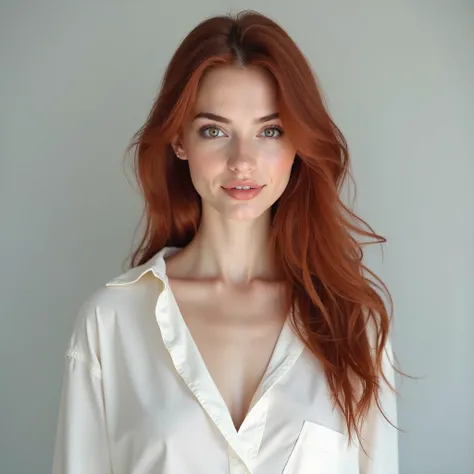 imagine a ultra-realistic photo of a 24-year-old Ukrainian girl with natural beauty, long dark red hair, big green eyes, full lips, a small nose, smooth light skin without freckles or moles, slim but not too thin figure, medium-sized breasts, wearing a sim...