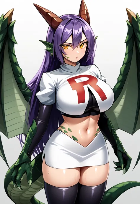 score_9, score_8_up, score_7_up,masterpiece, best quality, absurdres, extremely detailed,2d,source anime,mgedragon,dragon girl,horns,purple hair,long hair,wings,yellow eyes,long hair,green scales,tail,skimpy armor,slit pupils,sweaty skin,looking at viewer,...