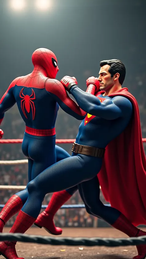 Spider-Man and Superman are fighting face to face in the ring. Let it be muscular and realistic.