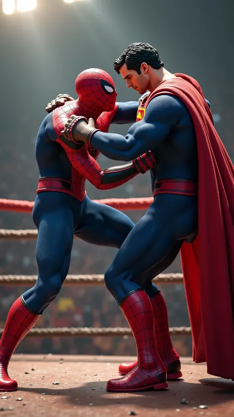 Spider-Man and Superman are fighting face to face in the ring. Let it be muscular and realistic.