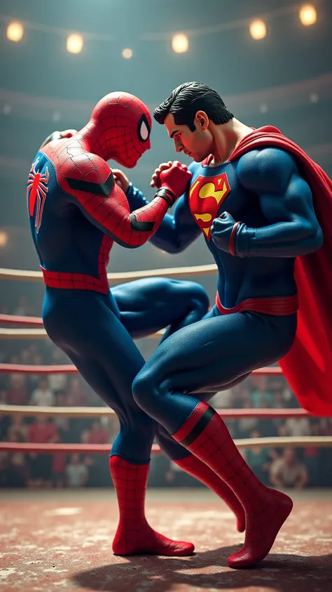 Spider-Man and Superman are fighting face to face in the ring. Let it be muscular and realistic.