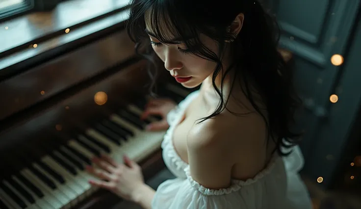  ((Shooting from above)),(Full body shot ), Side view wearing a tight white dress and playing at a grand piano, An Asian woman with transcendental beauty wearing ,(  big boobs),beautiful slim body, slender waist,(Beautiful hips),(White tight dress ) ,  sup...