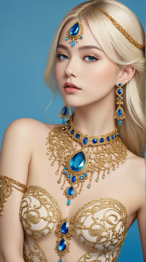 young platinum blonde beauty, full body view, nude, skin adorned with large, vibrant blue gemstones scattered across her body, set against a serene blue background. She is decorated with intricate gold filigree accessories that wrap around her body, creati...