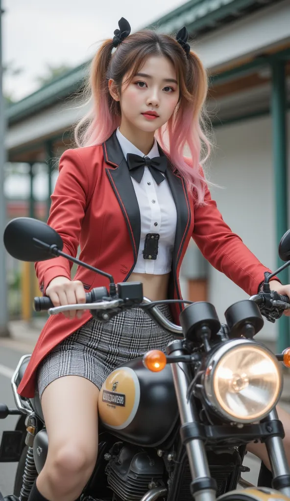 1 Girl,gal,(Gold, Pink Hair ,Two-tone hair), long hair,  side ponytail , black bow,school uniforms,Casual suits,(Checked skirt),(Casual suits, red, black),Ride confidently on a cool motorbike, 8K resolution on the front,  masterpiece,  top quality combat b...