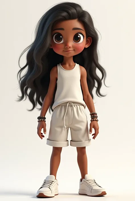  Full body animated character with the following features, Very Chinese and long hair,  Brown skin,  dark and torn eyes,  with bracelets on the hands and a bracelet on the foot , white clothing and sneakers  