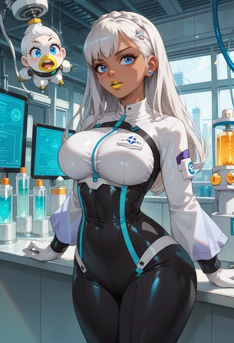 woman, big breasts, yellow lipstick, anime style, white hair, bright blue eyes, tan skin, laboratory, black outfit, light blue outfit, multicolored outfit, Emilia, Kipo and the Age of Wonderbeasts 