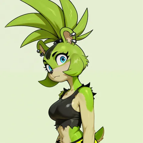 masterpiece, best quality, amazing quality, anthro, surge the tenrec, anthro furry girl, green fur, green topknot hair, blue eyes, piercings, 