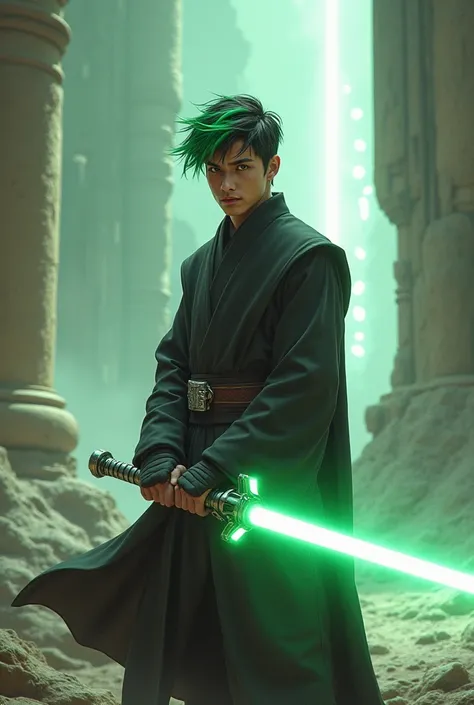  Jedi with green hair tips, white lightsaber,  Male ,  Twenties   