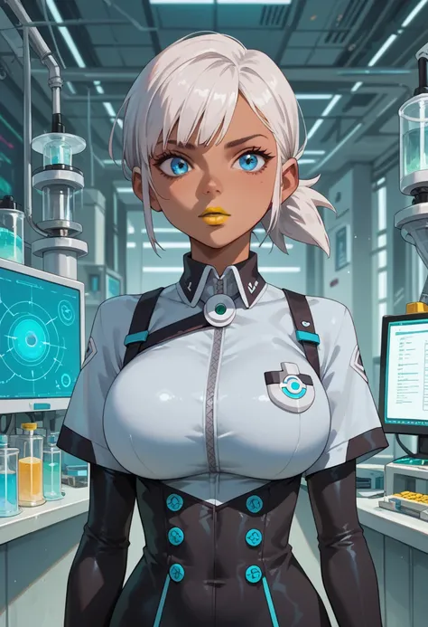 woman, big breasts, yellow lipstick, anime style, white hair, bright blue eyes, tan skin, laboratory, black outfit, light blue outfit, multicolored outfit, short hair, Emilia, Kipo and the Age of Wonderbeasts 