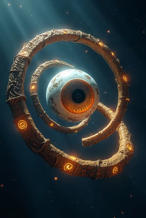 a mystical eye against the background of space. hoops with magical runes are spinning around the eye.