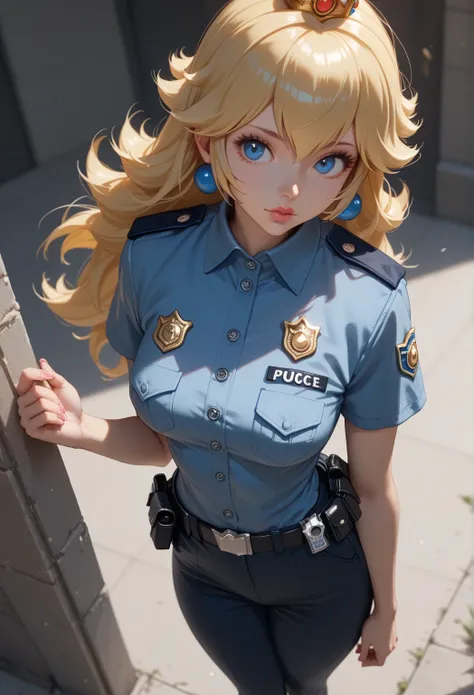 score_9, score_8_above, score_7_above, 1 ,  alone, princess peach,  blond hair,  blue eyes,  fair-skinned woman , >:d,  big boobs,  hips, curve, police costume,  uniforms,  seen from below