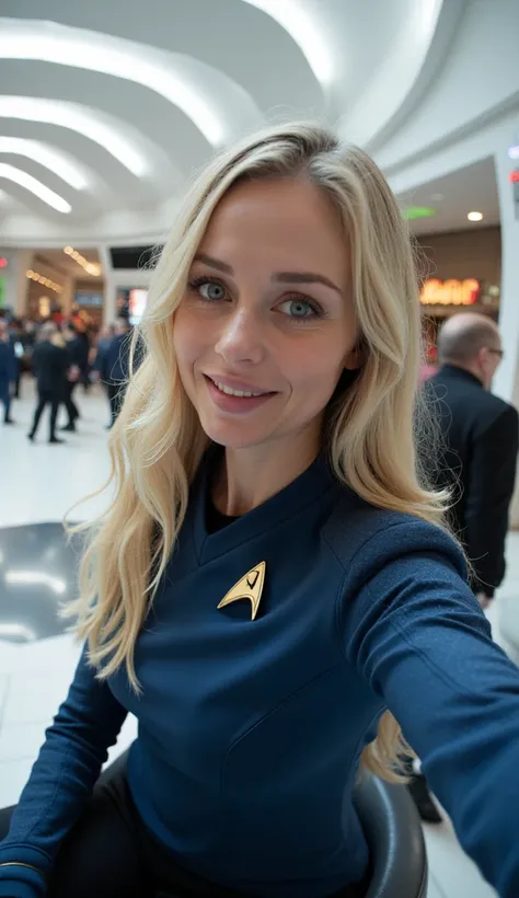 Selfie of woman sitting on a bench in a food court in a futuristic white shopping mall. the woman is wearing a blue Star Trek SNW uniform, has blue eyes and long, wavy blonde hair, is twenty-five years old. many  people in the background.