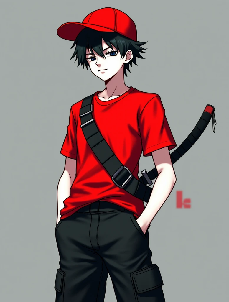 Hello, I want you to make an anime character who wears a red t-shirt with an upside-down red cap, black hair, black pants, Jeans cargo a Catana, and who has white skin with closed black eyes man