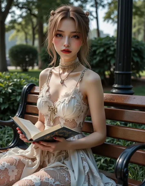 Realistic ((Photorealistic realism)), Hyper high resolution, ((Hyper insanel quality, epice masterciece, intricately detailed digital art)),((focus on extremely Realistic Proportion Body:1.3),"Portrait of {a woman, wearing a dress, sits on a park bench, re...