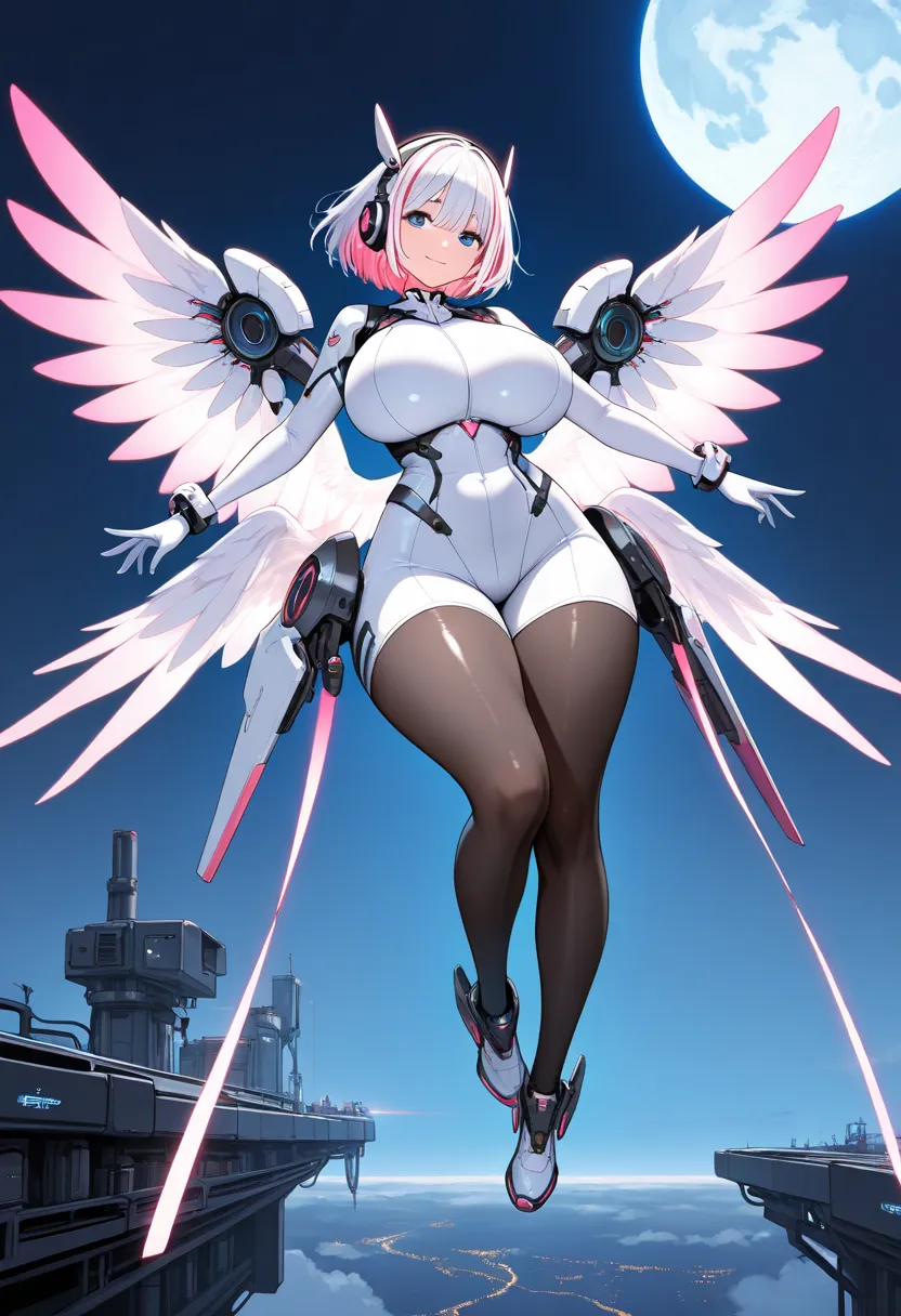 1girl, pink hair, white hair, two-toned hair, short hair, streaked hair, bangs, long bangs, blue eyes, huge breasts, wide hips, thick thighs, smile, light smile, headphones, bodysuit, white bodysuit, futuristic, tech, science-fiction, neon, neon trim, pant...