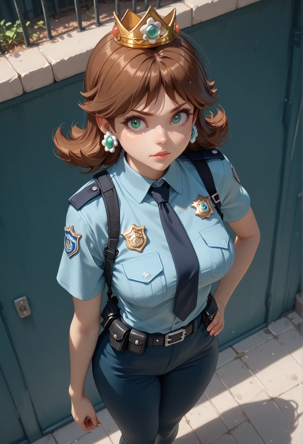 score_9, score_8_above, score_7_above, 1 ,    alone, princess daisy,     brown hair,    green eyes,    fair-skinned woman  , >:d,    big boobs,    hips, curve,  Police costume ,  uniforms,  seen from below.