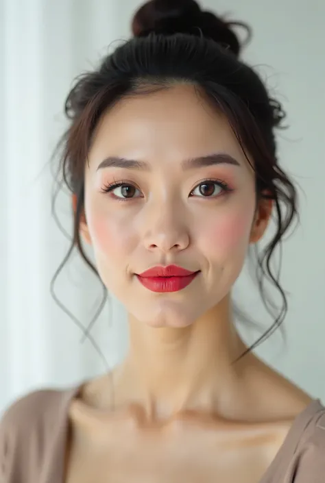 I want to create a video of a woman testing various makeup and she has what it takes to descend from Asian