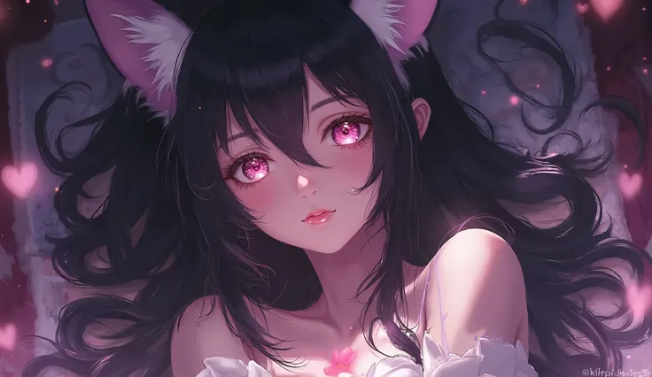 solo, ahri \(league of legends\),eye reflection,kiss,bare shoulders,cleavage,breasts,cosplay,
seductive eyes,bedroom eyes,
1girl,solo,lying,outstretched hand,
animal ears,fox girl,fox tail,kitsune,kyuubi,
bare shoulders,off shoulder,
black hair,hair betwee...