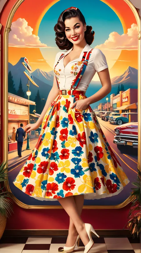 Create a vibrant and detailed pin-up art piece featuring a glamorous pin-up girl in the style of 1960s American pin-up. The scene is set during an evening sunset, with warm, colorful hues illuminating the background. The girl is smiling softly, wearing sty...